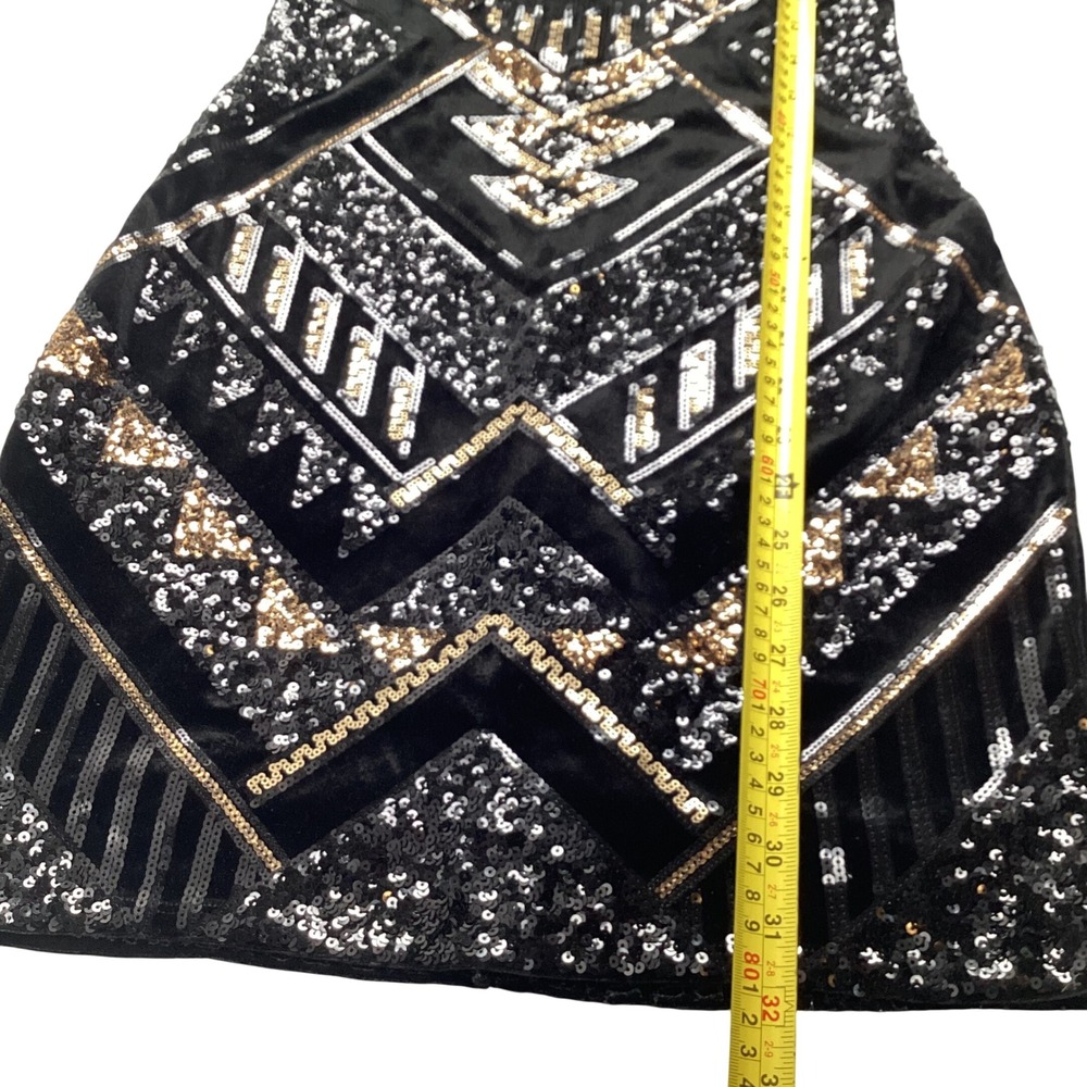 Express Womens Black Velvet Sequin Art Deco Mini‎ Dress Gold Silver XS XS/TP - Picture 4 of 9